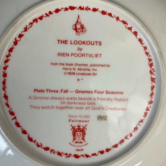 Vtg Rien Poortvliet Gnomes Four Seasons Plate 3 Fall The Lookouts #942 1980 - Picture 4 of 5